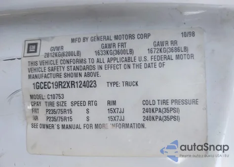 1999 Chevrolet C1500 Ls from USA, damaged, VIN 1GCEC19R2XR124023